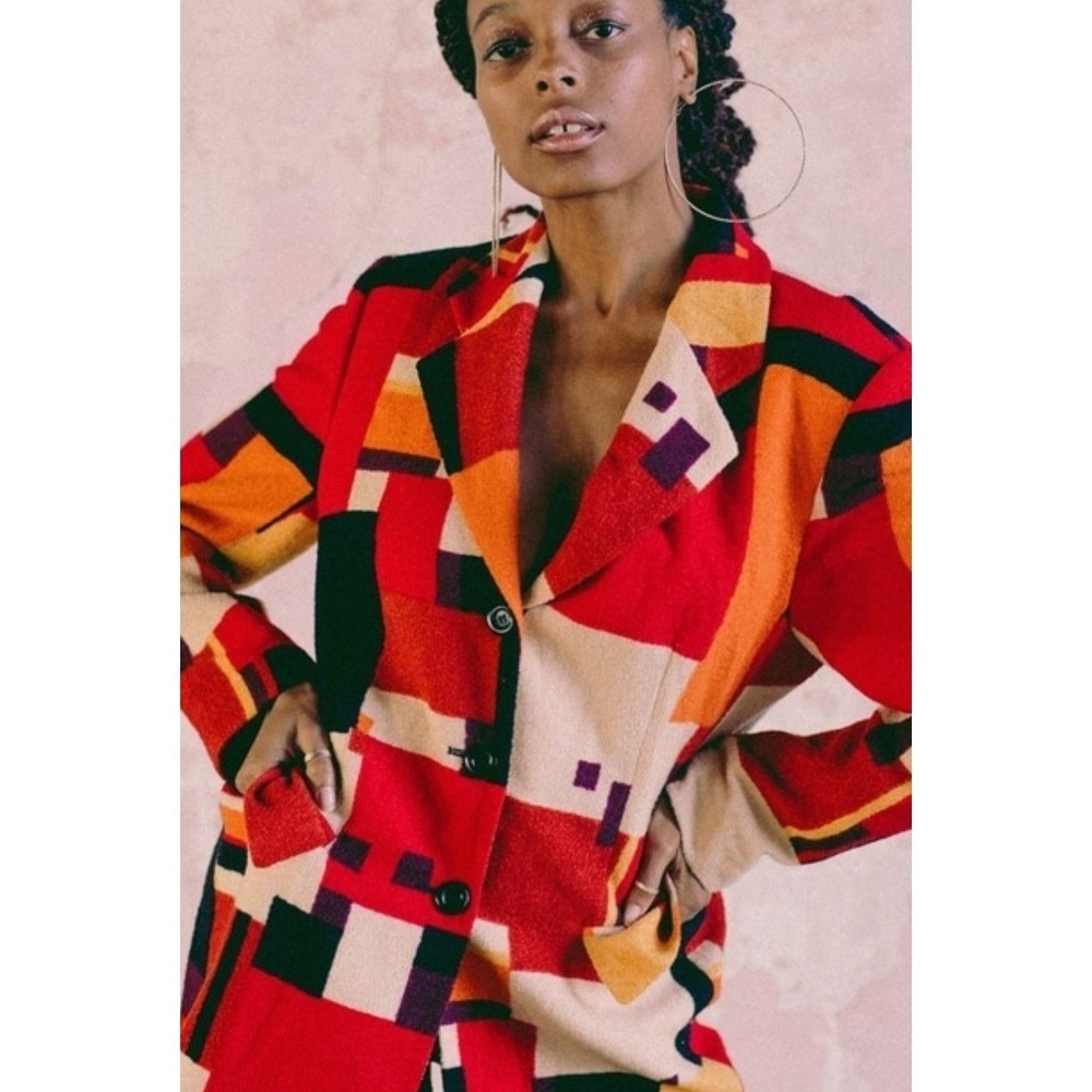 Laurel Escada Vintage Wool Blend Geometric Colorblock Blazer Red Multi Size 36